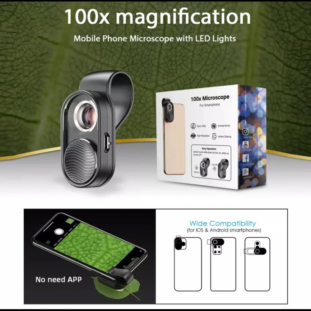 Mobile Microscope Lens LED Light Micro Pocket Lenses for iPhone XS Max Samsung